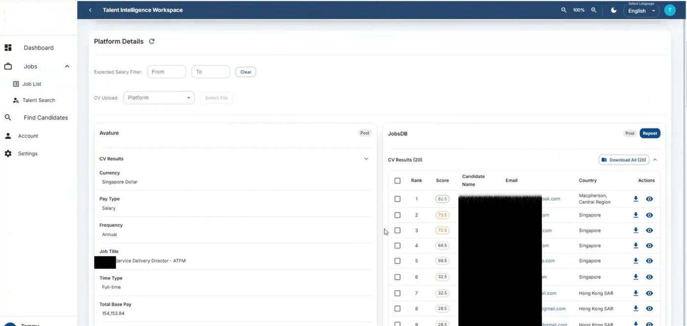 Candidate list aggregated from multiple portals, ranked by AI score