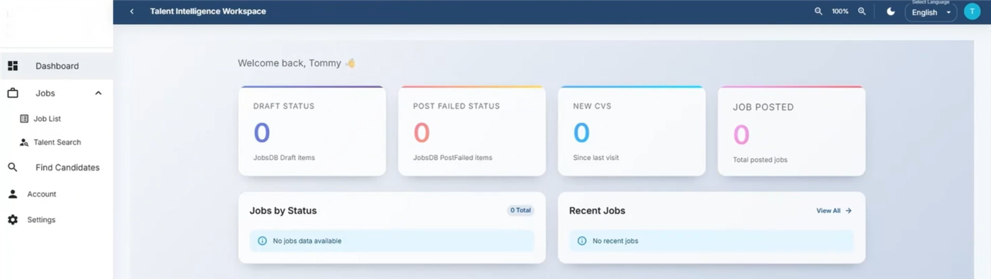 Workspace dashboard with status cards for drafts, posting failures, new CVs, and posted jobs