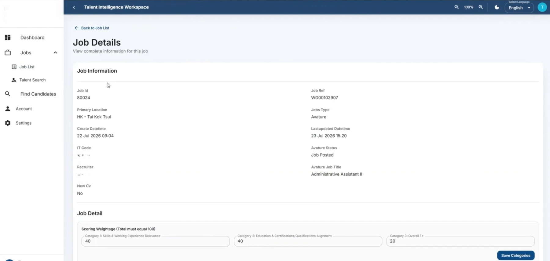 Job details view with structured requirements used for candidate matching