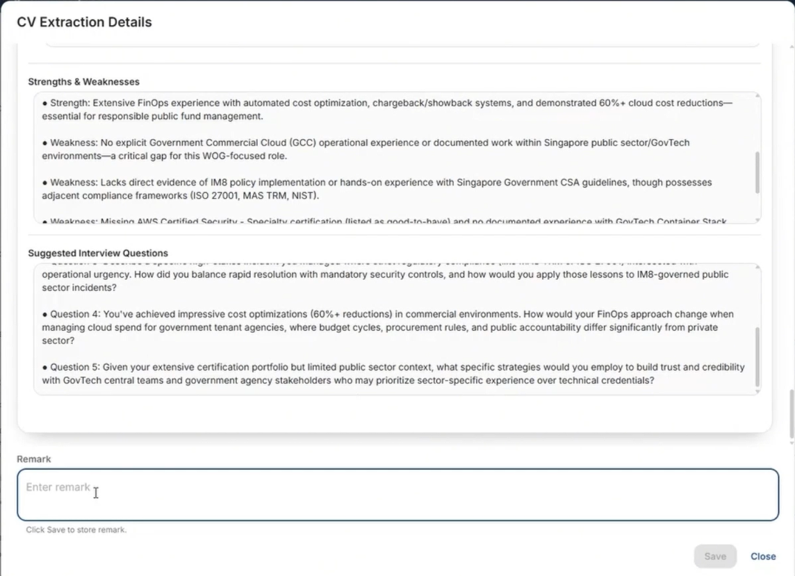 Candidate profile with recruiter remarks and original CV download links