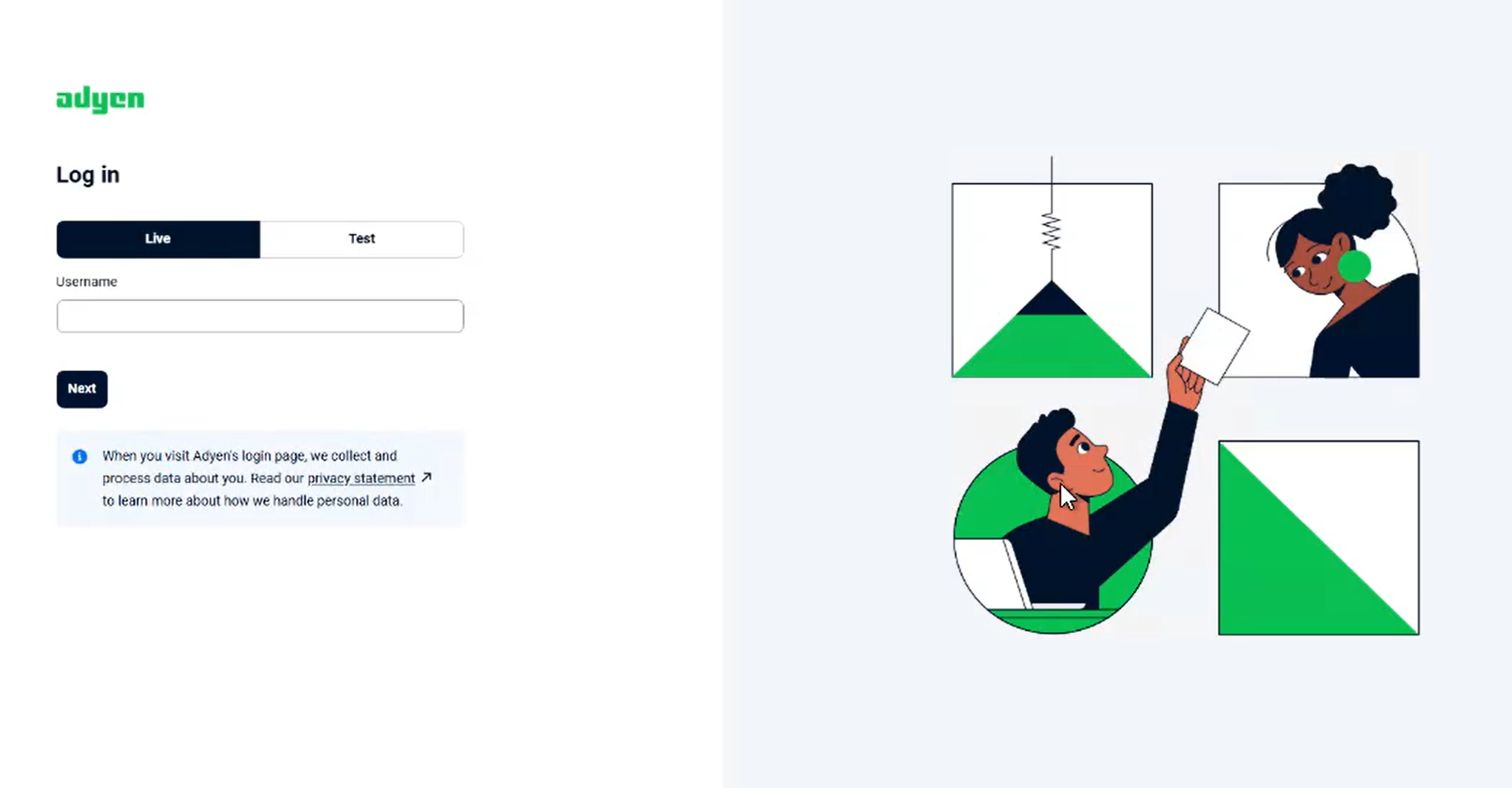 Payment portal login page with a Live/Test environment toggle