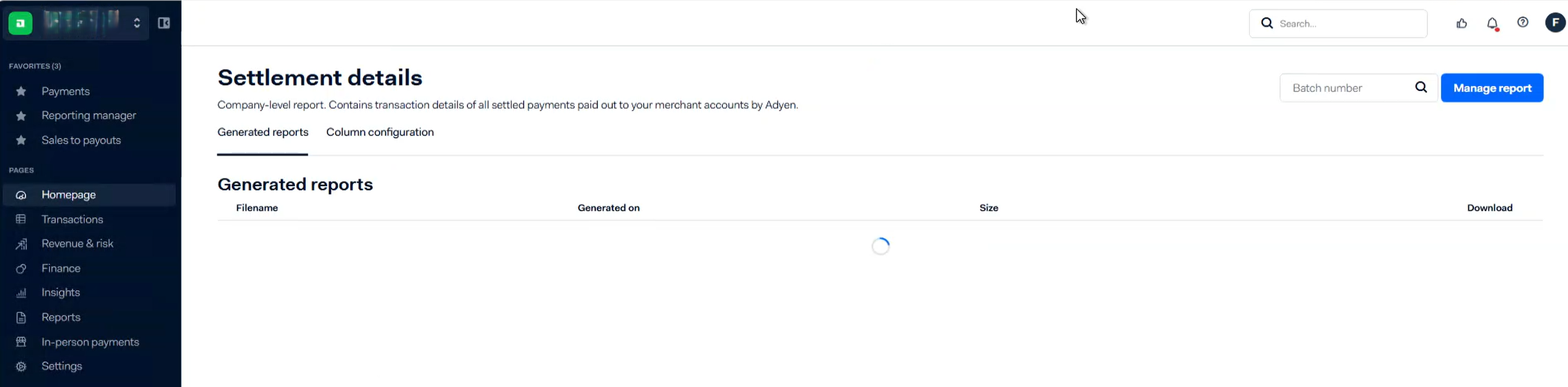 Settlement details report page with generated-reports list